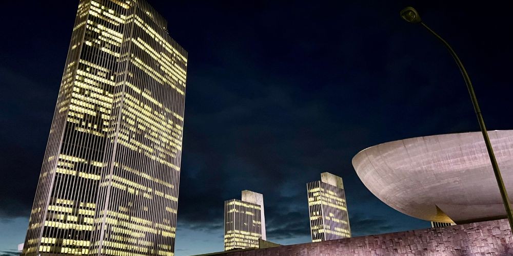 Empire State Plaza in Albany, NY at night.